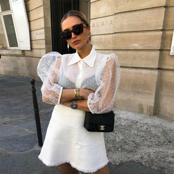 

women's blouses & shirts women mesh sheer blouse see-through long sleeve shirt fashion pearl button transparent white female blusas