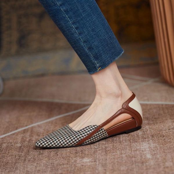 

women sandals natural leather shoes 22-24.5cm cowhide+houndstooth fabric summer for internal increase, Black