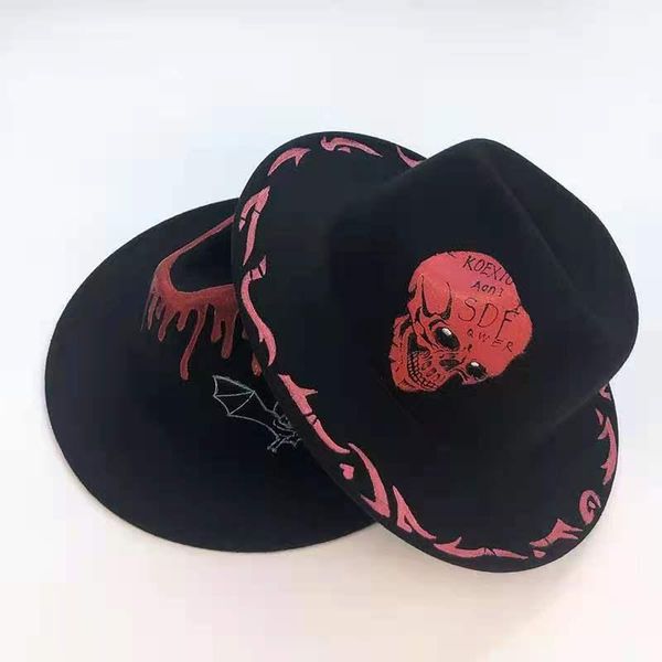 

wide brim hats 2021 spring and autumn halloween hat hand-painted heart skull flat felt graffiti, Blue;gray