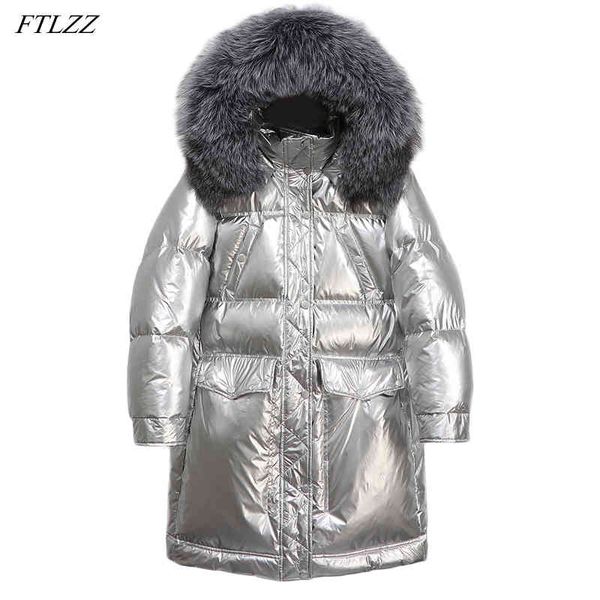 

winter women 90% white duck down jacket large real fur hooded bright side coat loose thick warm long snow outwear 210423, Black