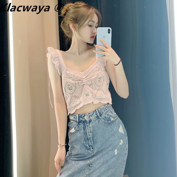 

women fashion floral embroidery cropped knitted tank vintage wide straps with ruffles female camis mujer 210521, White