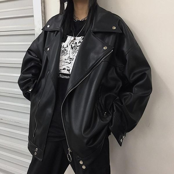 

women's leather & faux 2021 ring zipper button soft jackets loose punk streetwear plus size spring autumn women korean coats b206, Black