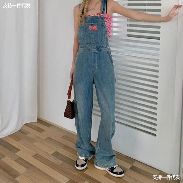 

women's summer thin style high waist loose wide leg pants suspender, Blue