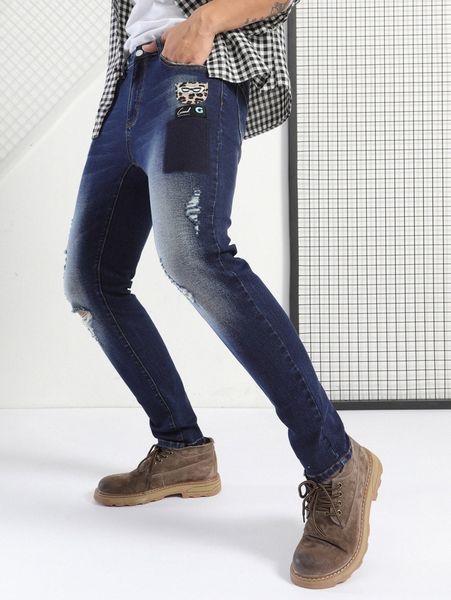 

men slogan embroidery patched ripped jeans h5cd#, Blue