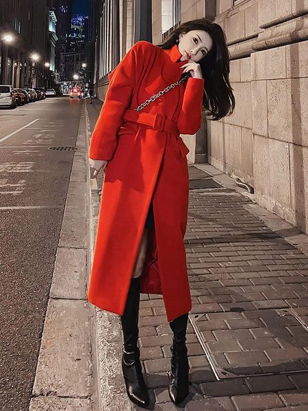 

women's wool & blends big red tweed coat women's middle and long winter 2021 korean version fashion temperament waist closing slim, Black