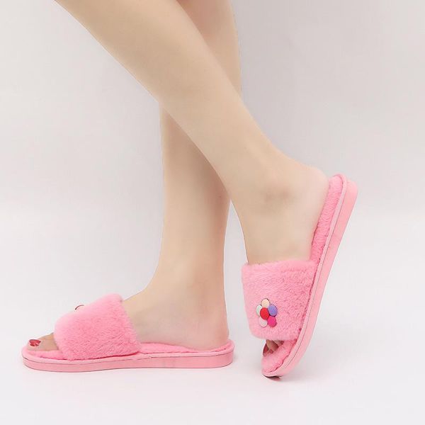 

women slippers solid flat indoor shoes winter plush warm home, Black