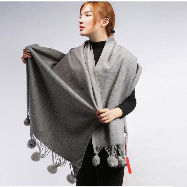 

scarves shzq women winter scarf thick solid color big size shawls warm long brand real sheep fur cape with natural pomp, Blue;gray