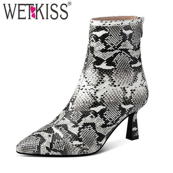 

wetkiss high heels boots women snake skin cow leather ankle booties female zip shoes ladies pointed toe shoes spring 210630, Black
