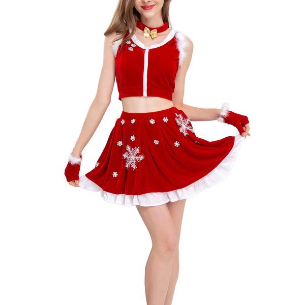 

women's tracksuits 2021 christmas women costume suit cute bow choker+fur trim crop tank snowflake skirt+gloves set red fashion, Gray
