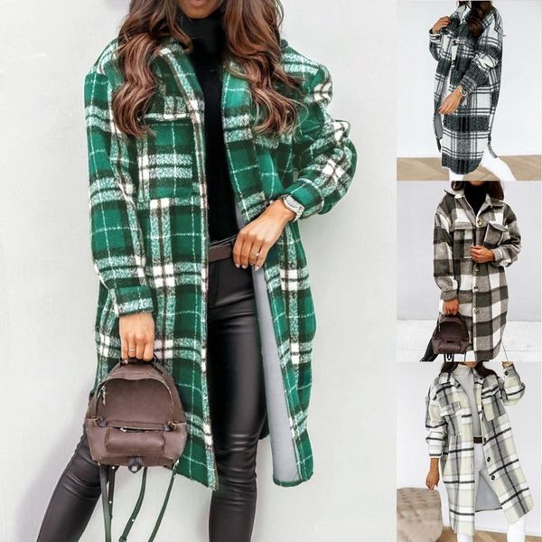 

running jackets 2021 winter women checked jacket casual oversized turn down collar long coat female thick warm woolen blends overcoat street, Black;red