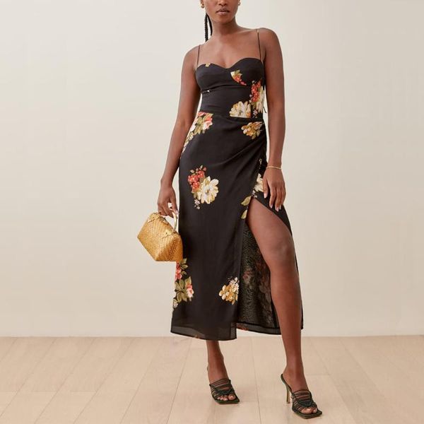 

casual dresses summer women's flower print slim sling dress, Black;gray