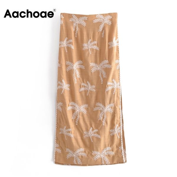 

aachoae women beach style split skirts summer embroidery high waist long skirt back split chic skirt faldas mujer 210413, Black