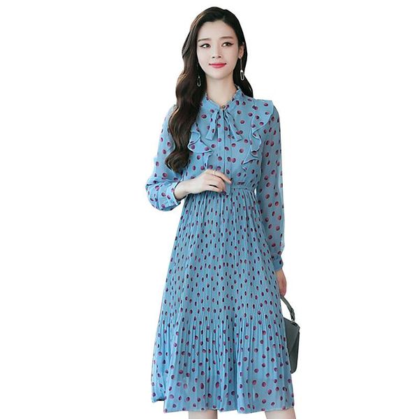 

casual dresses chiffon dress 2021 spring arrival sweet woman floral vintage female long sleeve bow printed, Black;gray