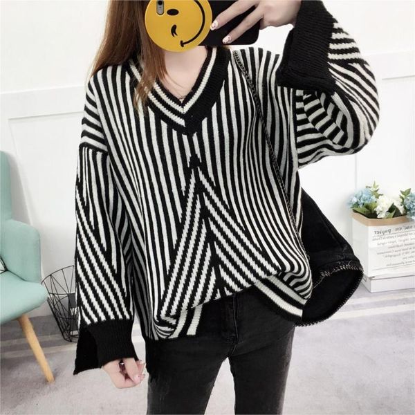 

women's sweaters sweater women casual striped v-neck loose fashion style autumn and winter retro knit womens vestidos lxj647, White;black