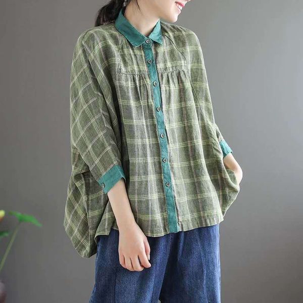 

johnature plaid patchwork women shirts spring casual vintage all-match batwing sleeve turn-down collar button 210521, White