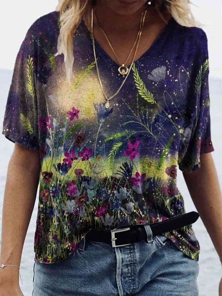 

2021 women's new landscape flower print v-neck short sleeve t-shirt, White