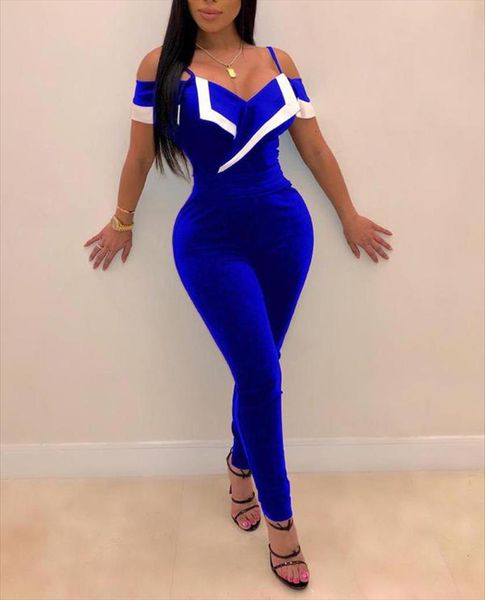 

cold shoulder contrast color women jumpsuit ruffles elegant block bodycon long overalls autumn streetwear clubwear, Black;white