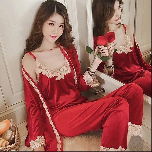 

autumn winter warm pajamas women sleepwear set sling deep gold velvet homewear 3pcs pajama sets long pant robe, Black;red