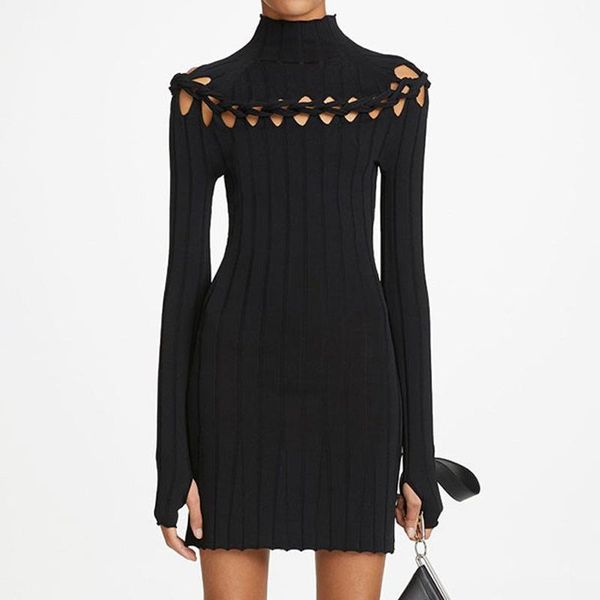 

casual dresses women sweater dress autumn spring hollow out stretch knitted bodycon, Black;gray