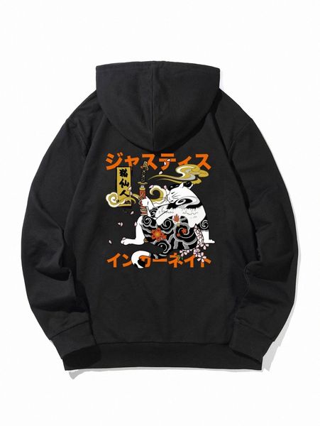 

romwe guys japanese writing cat graphic kangaroo pocket hoodie f8ls#, Black