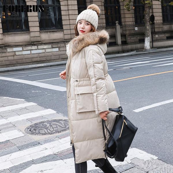 

women's down & parkas forerun long winter coats 2021 faux fur hooded slim waist cotton padded elegant parka mujer manteau femme -35cent, Black