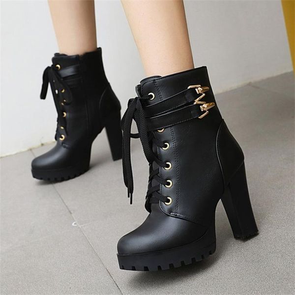 

boots autumn and winter low tube women's rubber soled thick heel waterproof platform super high shoes lace up round, Black