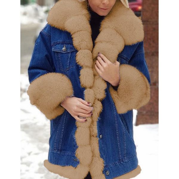 

women denim jackets coats plus size long sleeve fur jacket fashion winter female outwear women's, Black;brown
