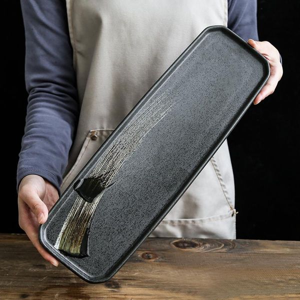 

japanese style retro hand-painted ceramic sushi dish sashimi cold long plate household dinner bowls