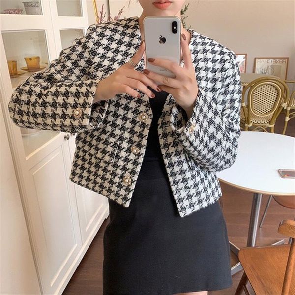 

women's jackets zcwxm streetwear women elegant houndstooth coats and 2021 fashion v neck long sleeve outerwear ladies, Black;brown