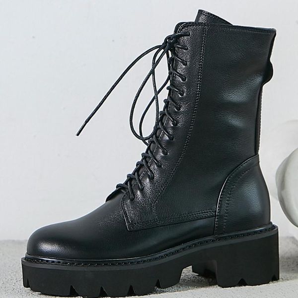 

boots 2021 full grain leather round toe cross-tied med heels lace-up big size handsome girl keep warm mid-calf motorcycle shoes, Black