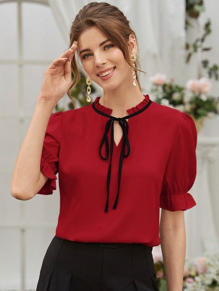 

tie neck flounce sleeve blouse z0oj#, White