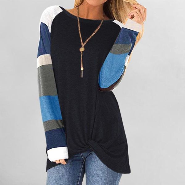 

women's t-shirt striped print t shirts autumn ladies long sleeve tshirts casual twist knot loose pullover tee clothing, White