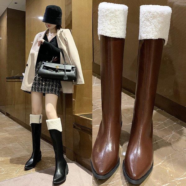 

boots winter fashion women's shoes pointed toe knee-high retro thick heel platform fleece warm side zipper long tube, Black