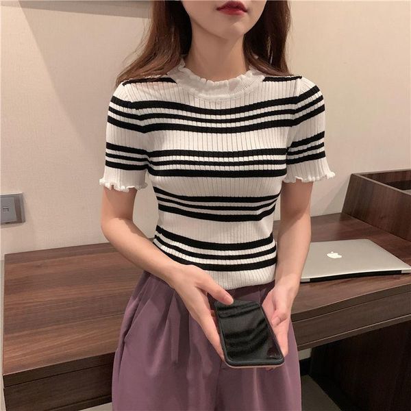 

striped slim ice silk knitted wood ear t shirt female short sleeved korean fashion clothes tshirt for women 2021 summer women's t-shir, White