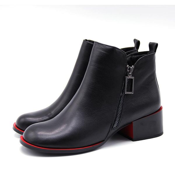 

boots 2021 winter square heel round toe women genuine leather buckle ankle kitten oxford side zipper casual shoes, Black