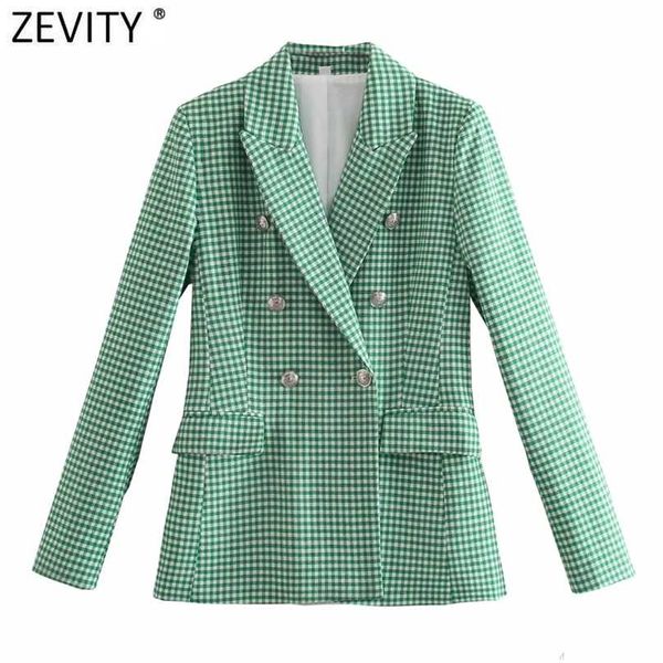 

zevity women vintage green pink houndstooth plaid print blazer coat office ladies double breasted outerwear chic slim ct726 211006, White;black