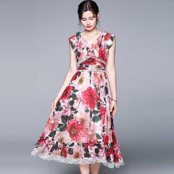 

summer women ruffled v neck sleeveless chiffon dress high waist lace trims splice floral print midi dresses vestidos 210529, Black;gray
