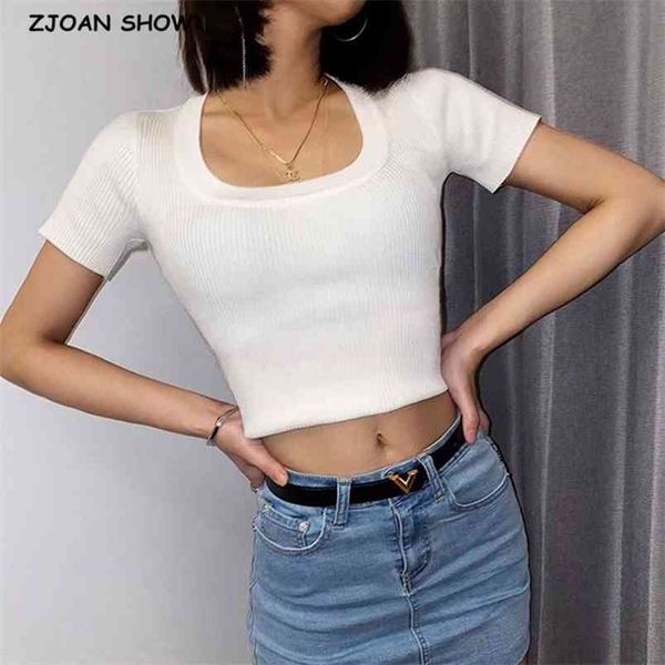 

summer striped line knitted short sleeve t-shirt chic woman u neck slim fit t basic tee tee casual 210429, White