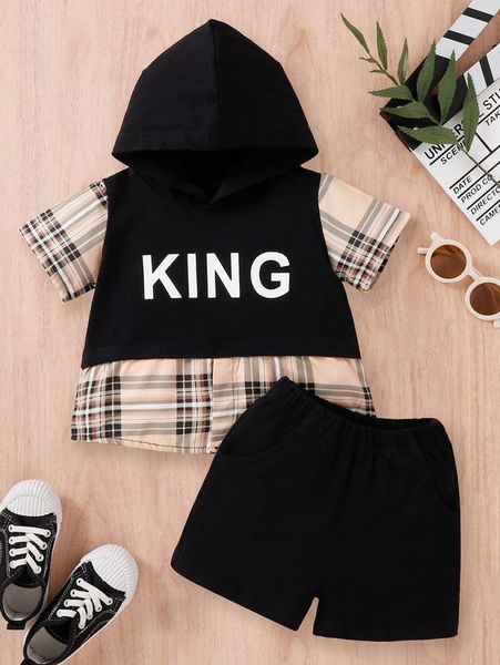 

toddler boys letter & plaid print hooded tee & shorts she, White