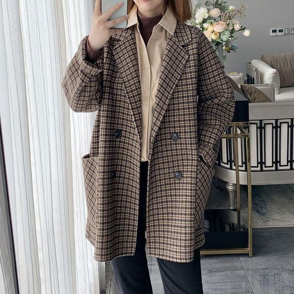

women's wool & blends woolen suit jacket women autumn and winter 2021 style korean retro houndstooth mid-length coat fall clothes, Black
