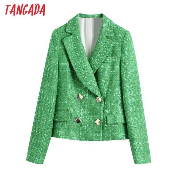 

tangada women double breasted green tweed blazer coat vintage long sleeve office lady outerwear be611 210609, White;black