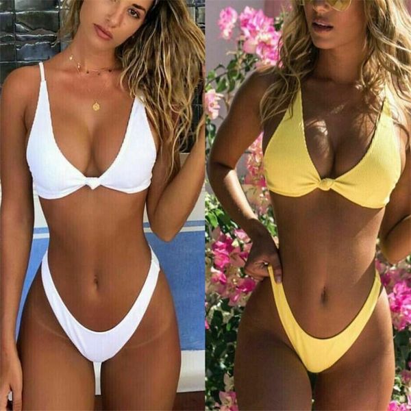 

women's swimwear womens bandage push-up padded bikini set swimsuit bathing suit lot solid knot two pieces beachwear yellow white, White;black