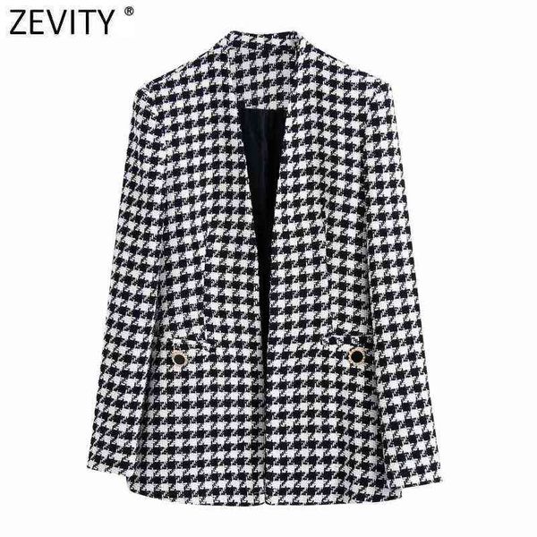 

zevity women vintage houndstooth plaid print open stitching tweed woolen coat female chic outwear slim jackets ct781 211118, Black