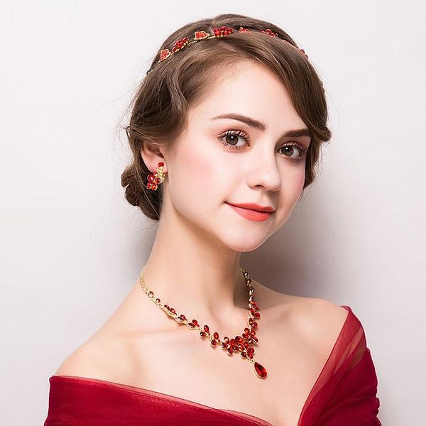 

earrings & necklace bridal headwear red crystal wedding jewelry set accessories clip + rhinestone headband marry beauty ornament, Silver