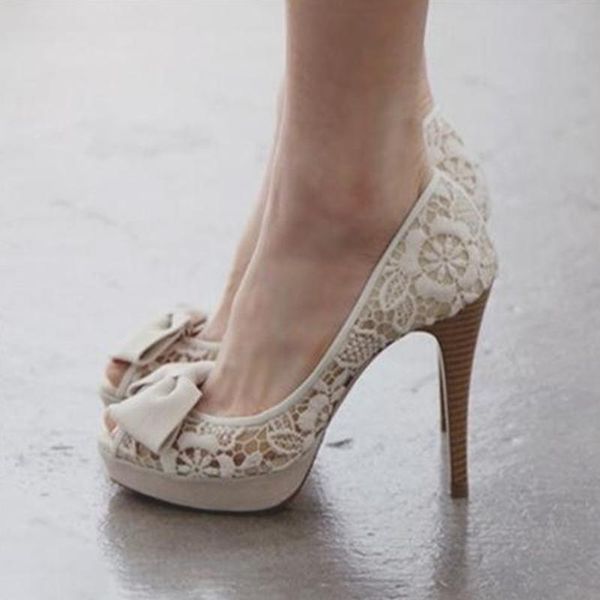 

white lace bridal wedding shoes female bow knot fish mouth single high-heeled stiletto dress, Black