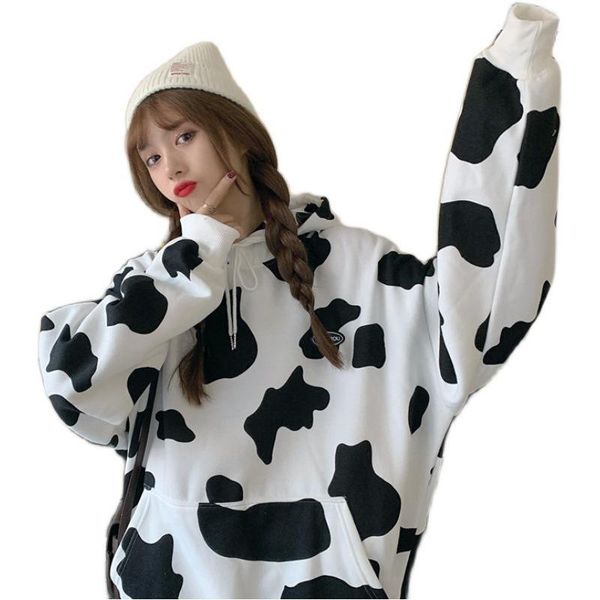 

women's hoodies & sweatshirts autumn and winter cow print sweatshirt korean version loose plus velvet casual hooded fashion wm*, Black