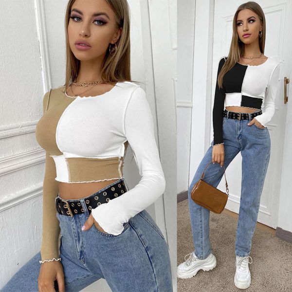 

2021 spring new ins women's patchwork plaid round neck pullover long sleeve tights t-shirt, Black;gray