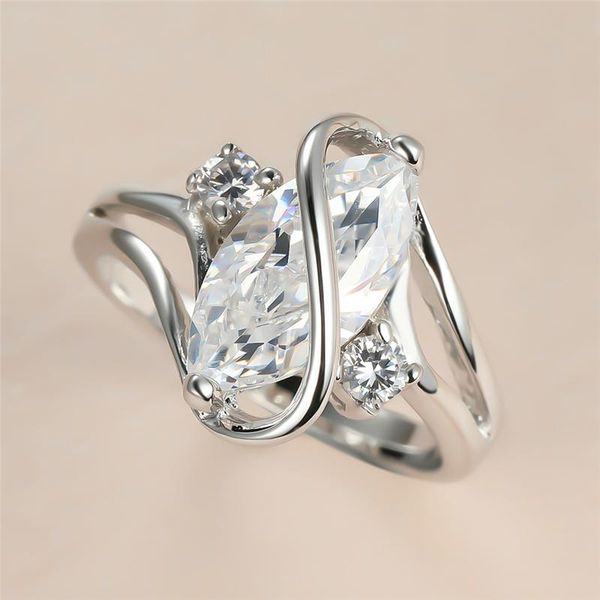 

wedding rings luxury female white crystal stone ring charm silver color thin for women dainty bride leaf zircon engagement, Slivery;golden