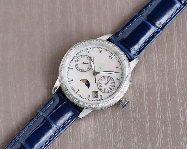 Senhoras Relógio de Luxo Importado 9100 Moon Fase Função Movimento Square Scale Strap Sapphire Espelho Sapphire Verso Verso Toda À Prova D 'Água 100 Medidores Diâmetro