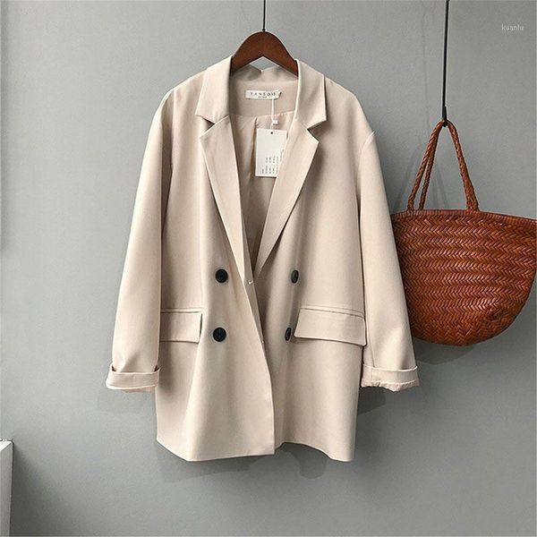 

women's suits & blazers korean loose double-breasted bean green spring autumn 2021 casual notched collar long sleeve suit jacket female, White;black